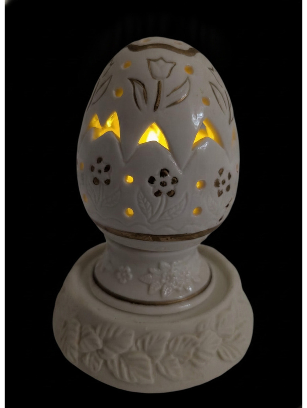 Vintage Pierced Ceramic Egg Candle Lamp Luminary Gold Floral Pedestal Base